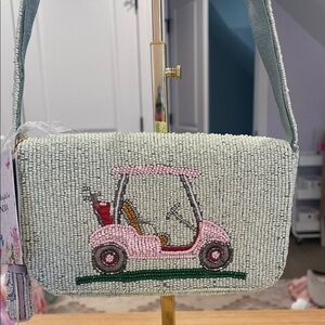 Beaded Green and Pink Golf Cart Shoulder Bag with Golf Bag Charm NWT